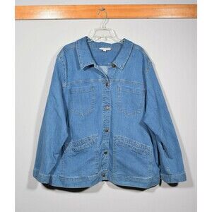 Woman Within Cotton Blend Blue Denim Stretch Button Up Jean Jacket Sz 3X